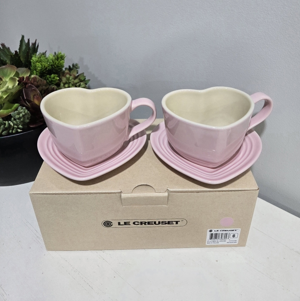 Set of 2 Chiffon Pink Heart Mugs & Heart Saucers / Trays Le Creuset NEW